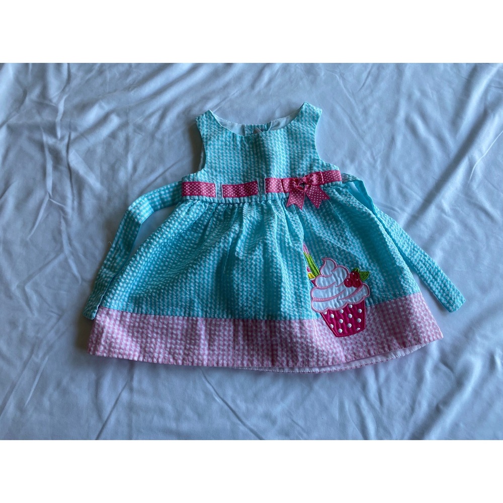 Counting Daisies Girls Seersucker Cupcake Applique Preppy Dress 12M Aqua Pink